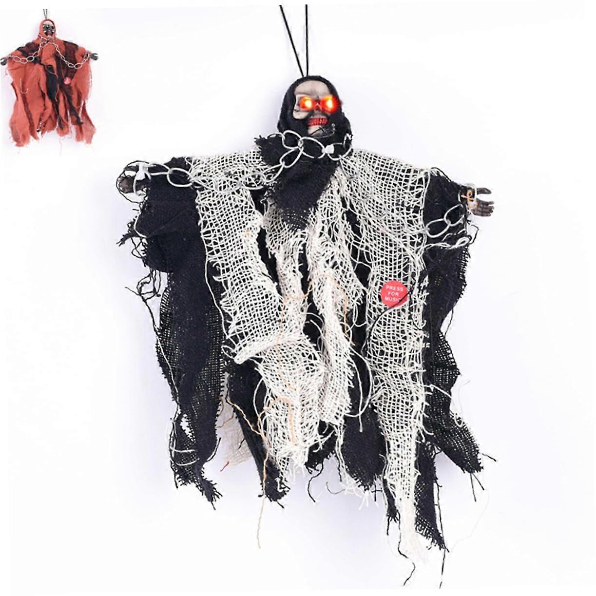 Halloween Hanging Ghost with VoiceActivated Sound Effects and LightUp Skeleton Face Prop