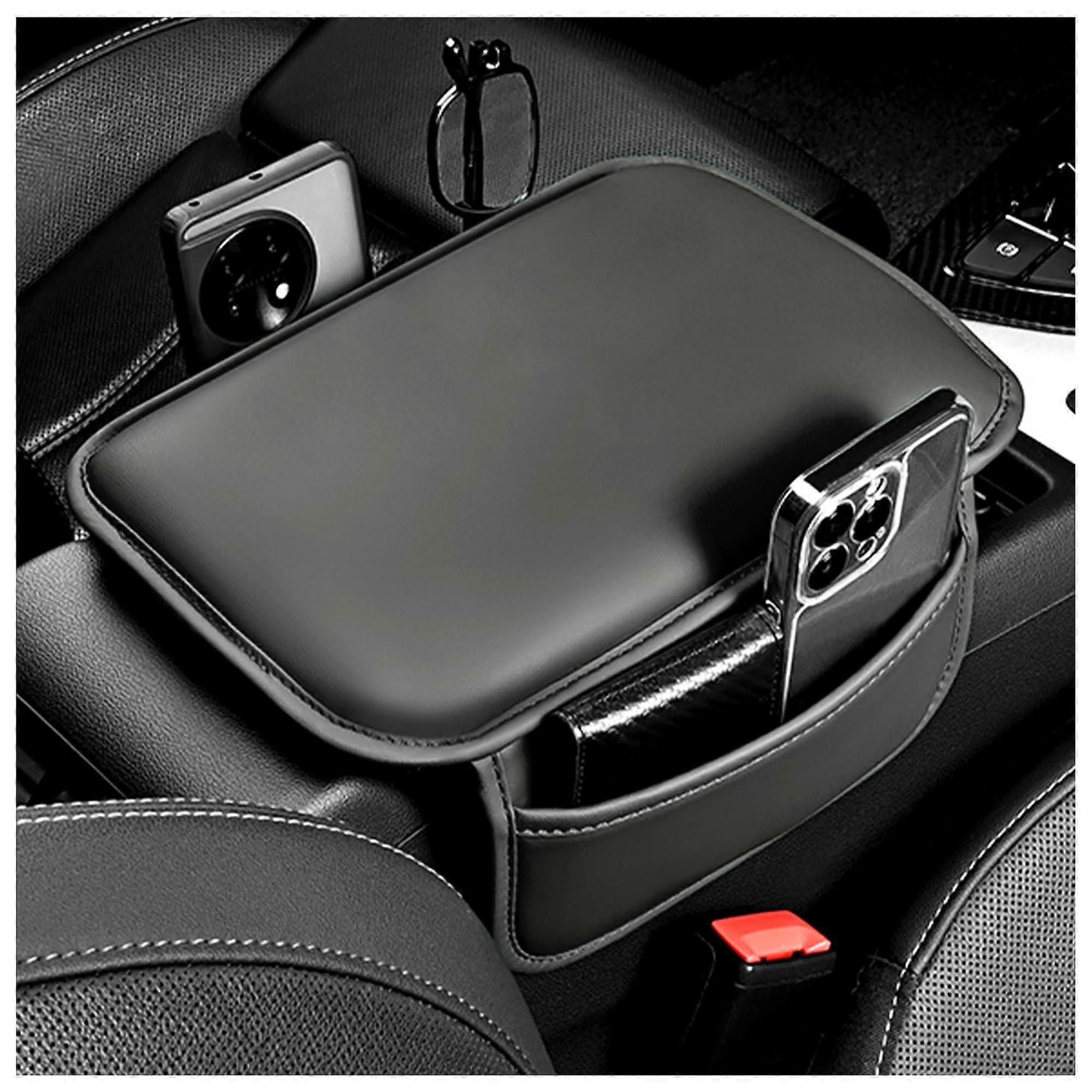 Leather Car Armrest Cover with Storage, Universal Center Console Pad with Side Pockets, Gray