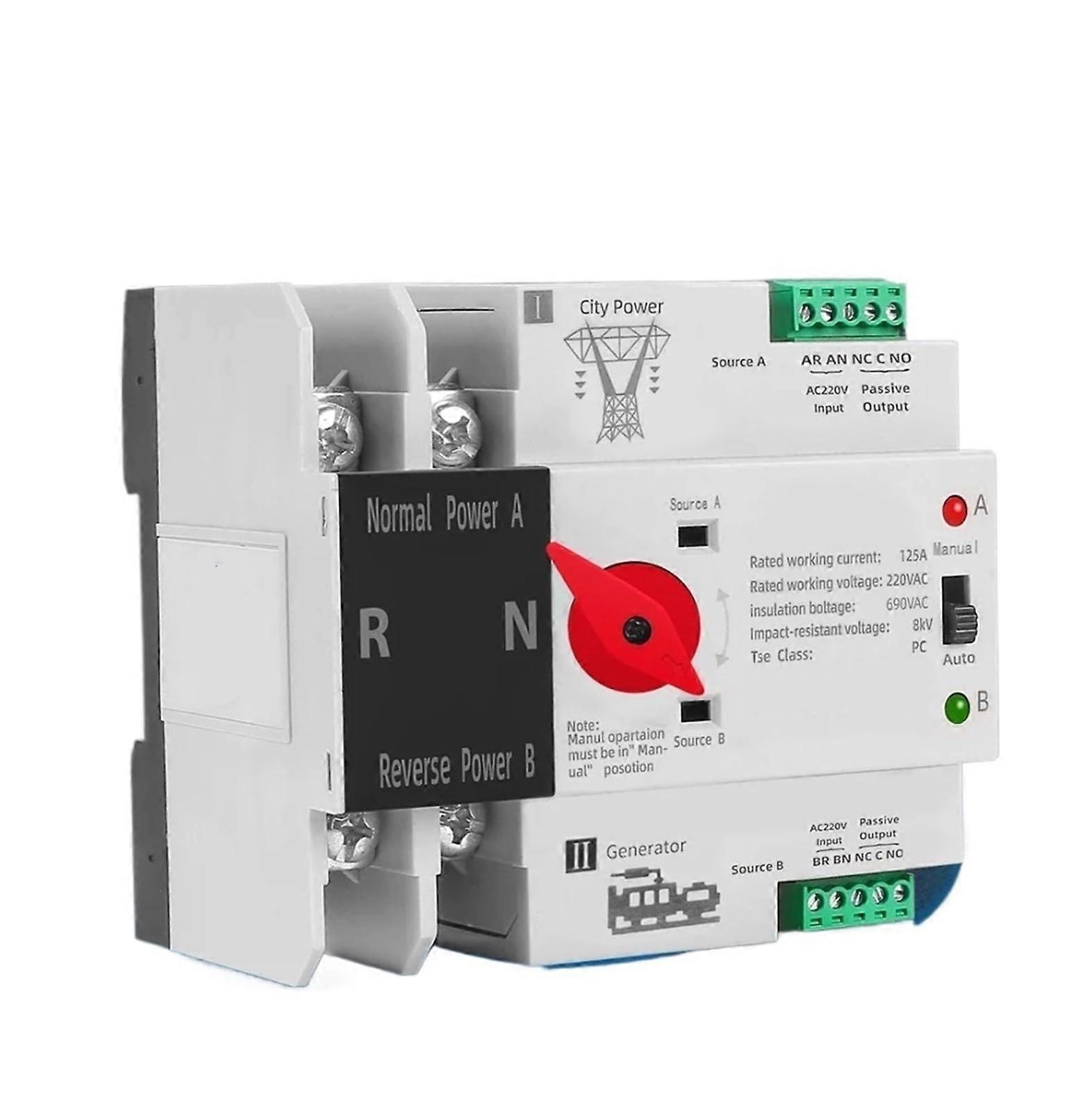 Automatic Transfer Switch 2 Pole 125A Dual Power for Generator and Mains Backup