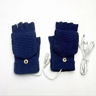 Unisex USB-talvikäsineet, ladattavat lämmitetyt sormikkaat, pestävät neulontakäsineet (1 pari, tummansininen)