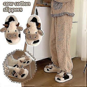 Pantofole a forma di mucca pelosa, graziose e calde pantofole in cotone, comode pantofole a forma di animale.