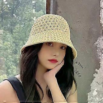 Cappello a secchiello da donna traforato in poliestere intrecciato, ideale per attività estive all'aperto o in spiaggia, stile coreano, da pescatore.