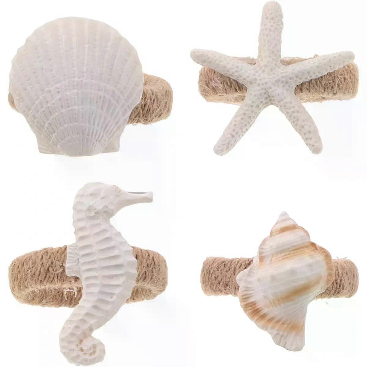 4pcs Ocean Napkin Rings Rustic Jute Rope Shell Set