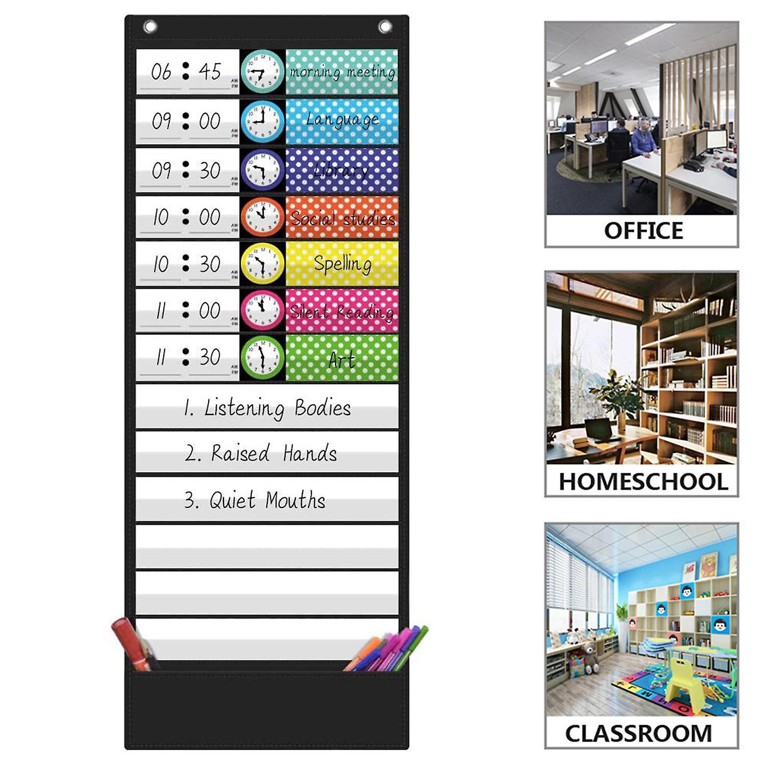 Daily Schedule Pocket Chart - 13+1 Pockets With Over-Door Hangers, Classroom Organization