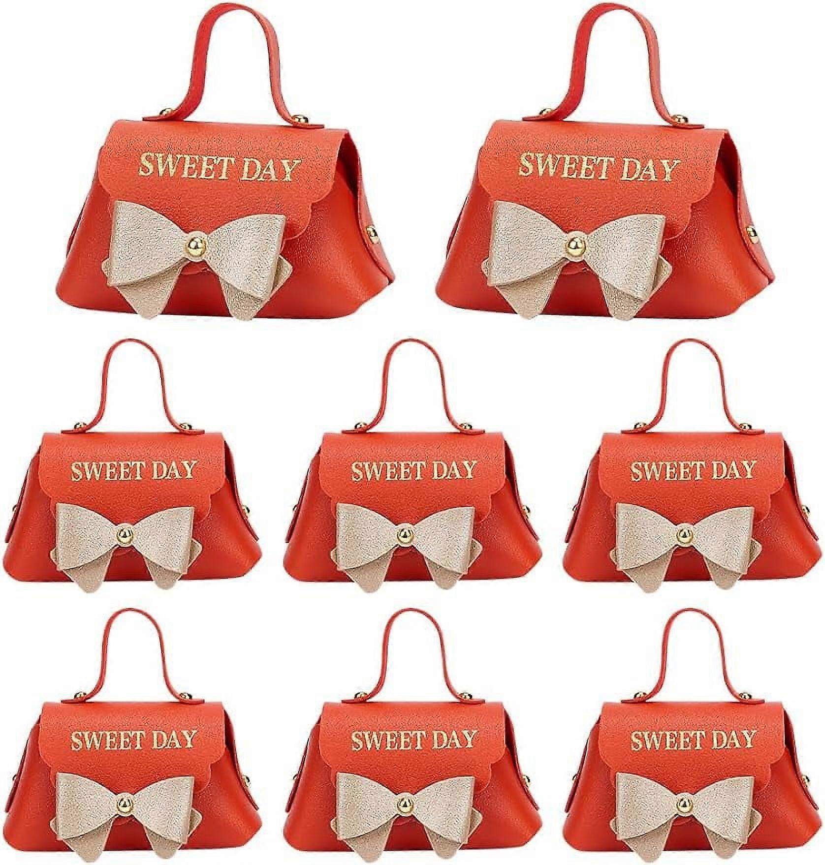 8pcs Orange Leather Bowknot Gift Boxes Reusable Mini Handbag Gift Box with Handle
