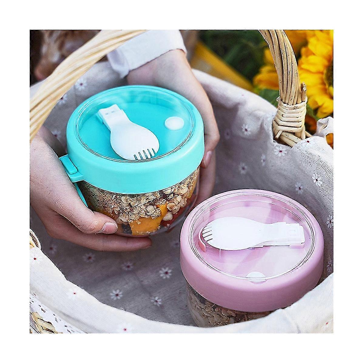 1pcs Reusable Overnight Oat Container With Lid And Foldable Spoon, 600ml Leak-proof Oats Jar Portab