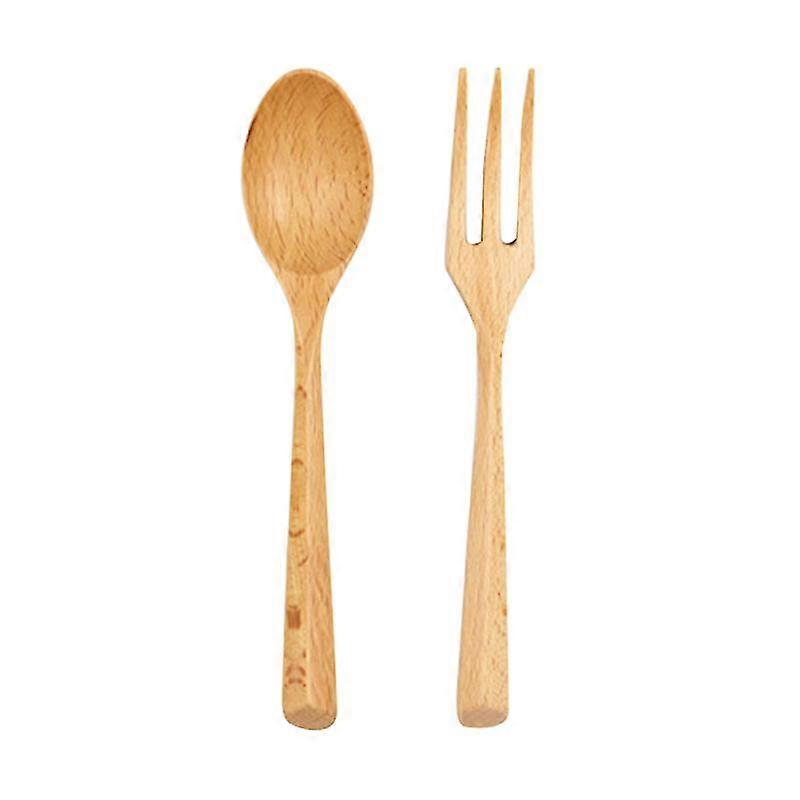 2 Pcs Portable Beech Spoon Fork Set Wooden Western Food Serving Spoon Fork Smooth Handle Tableware Set