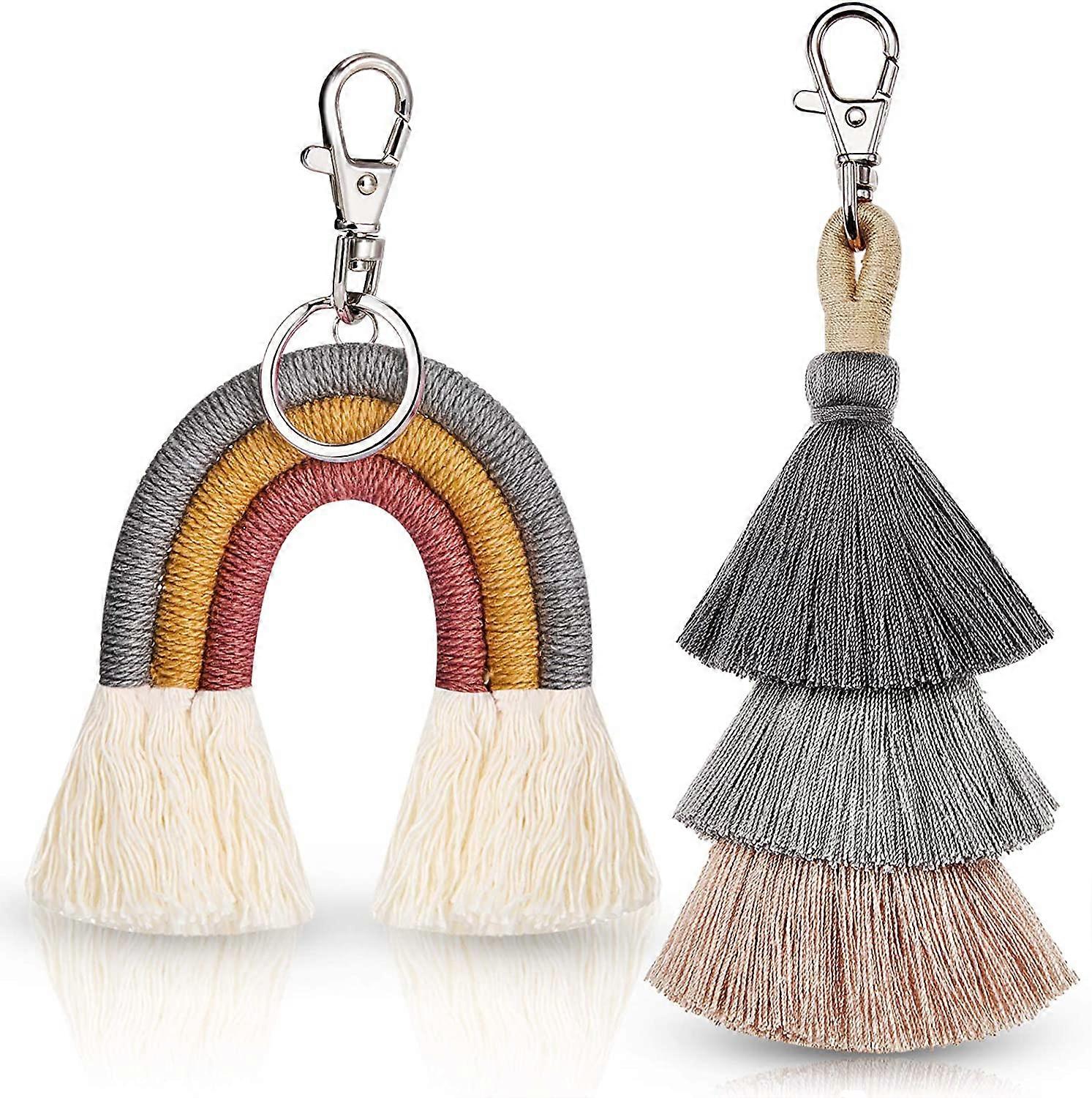 2 stykker Boho Rainbow nøkkelringer Pom Pom Tassel Macrame nøkkelringer for kvinner jenter