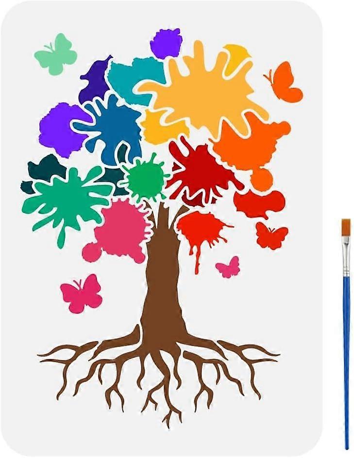 Watercolor Trees Painting Stencil with a Art Paint Brush 8.3x11.7inch Reusable Ink Dot Trees Drawing Template Butterflies Decoration Stencil for Paint