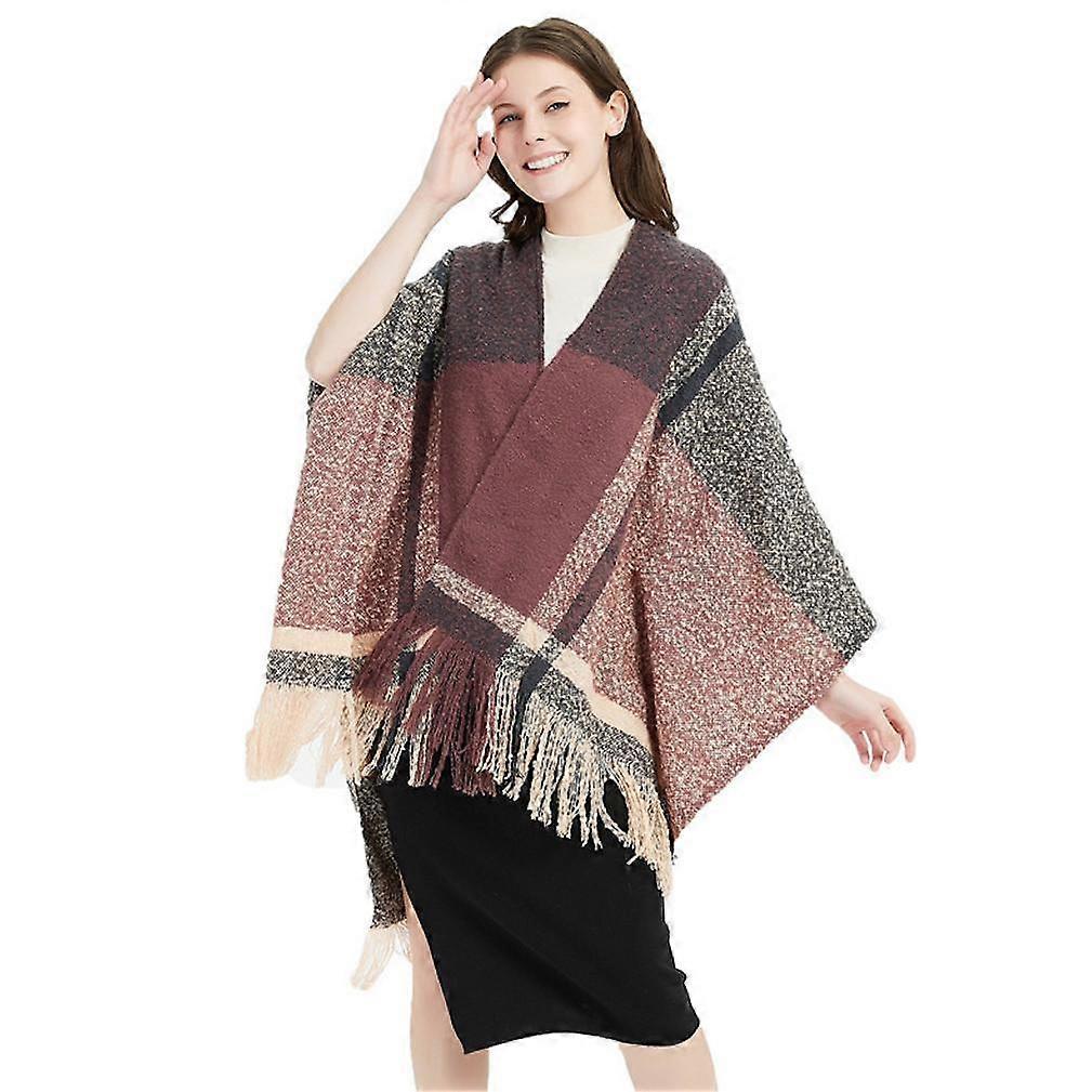 Plaid Wrap Shawl Loose Cardigant Winter Open Front Cape for Lady