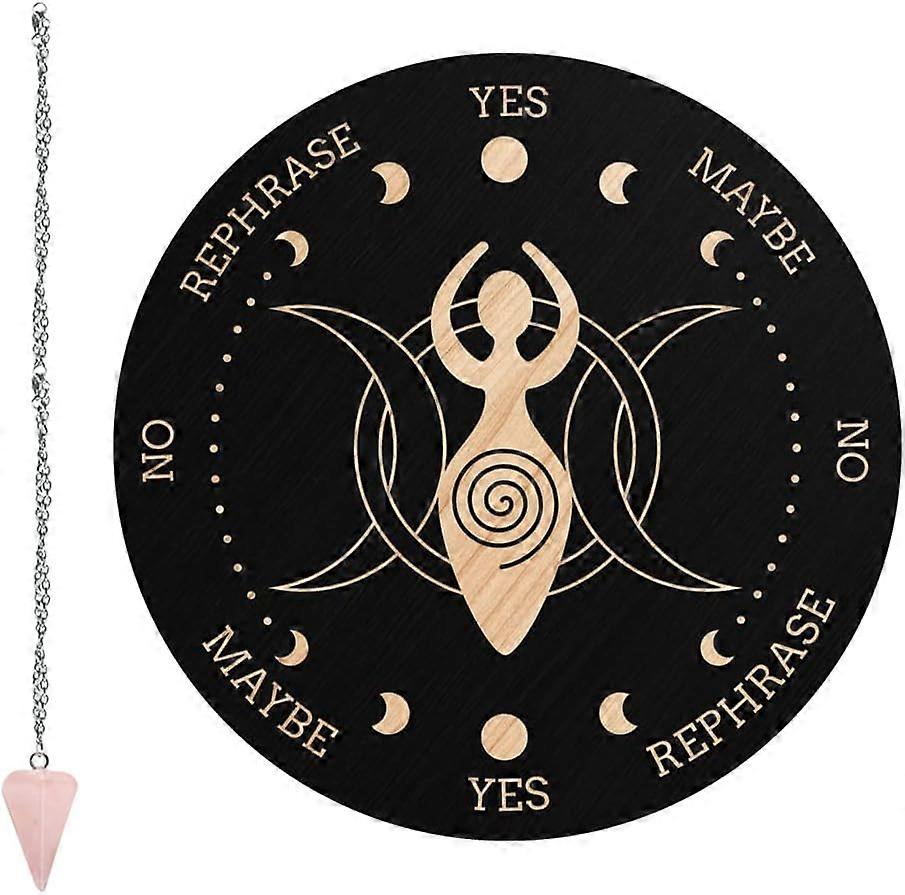 Pendulum Board Goddess of The Moon Dowsing Divination Metaphysical Message Board 7.9Inch Wooden Carven Board with Rose Quartz Crystal Dowsing Pendulum