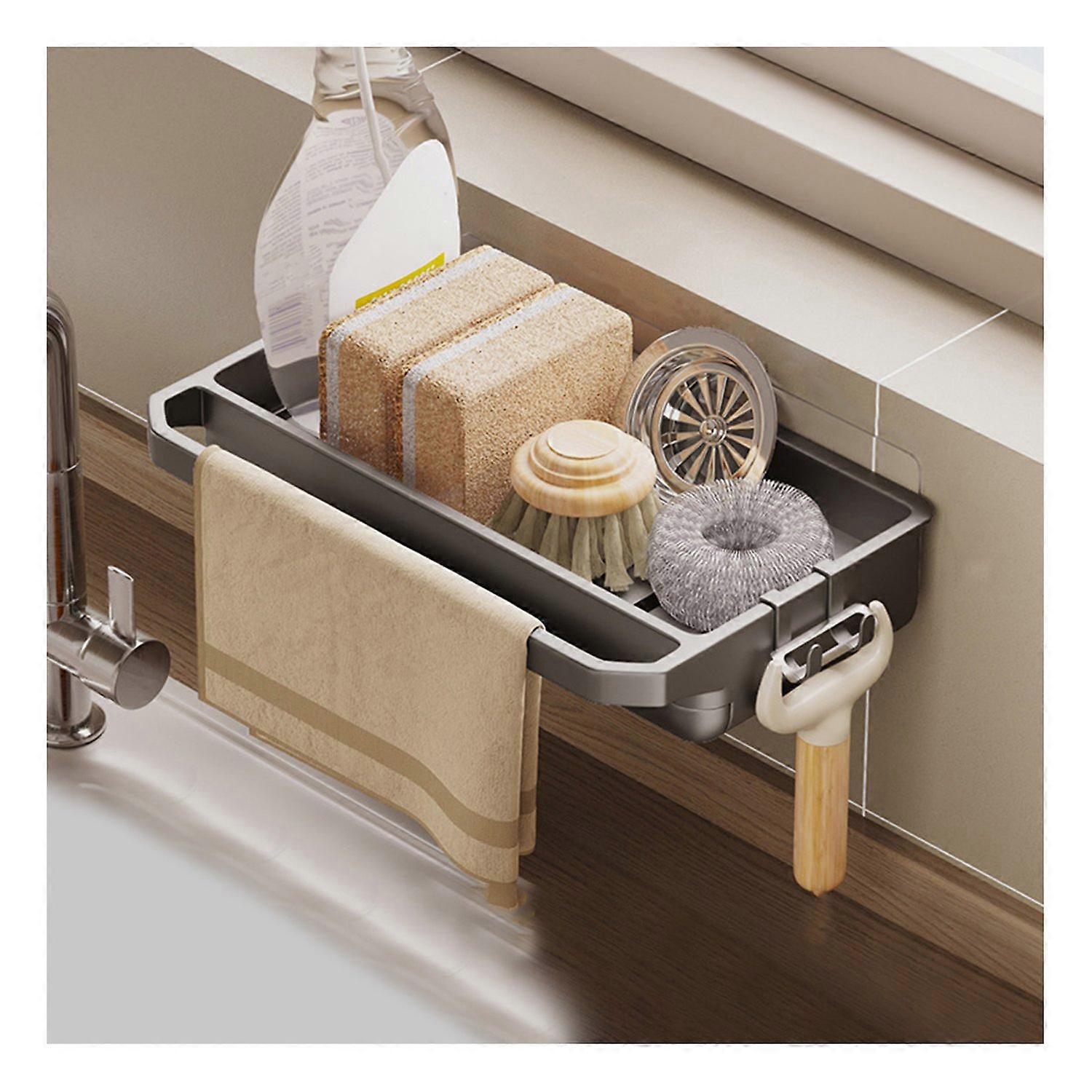 Drain Rack Self-draining Sink Shelf Wall Mounted with Towel Hanger Hook Detachable Drain Tray
