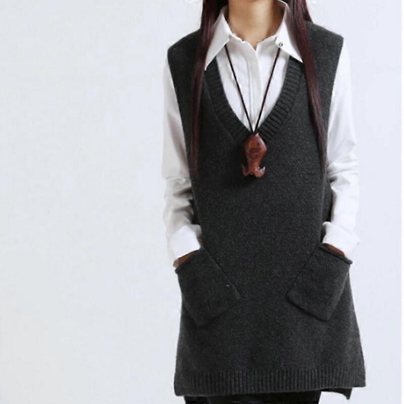 2022 Women Sweater Spring Autumn New Korean Women's V-neck Knit Long A-shaped Pocket Vest Pullover Sleeveless