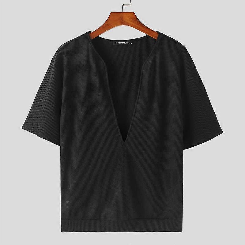 INCERUN Men Deep V Neck Solid Summer Short Sleeve T-Shirts