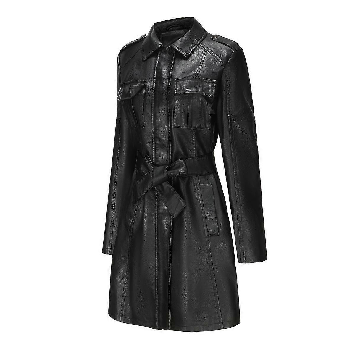 Women’s Trench Coats Faux Leather Zipper Long Jackets with Belt Pockets Slim Fit PU Wind Coat Spring Autumn Outer Wear