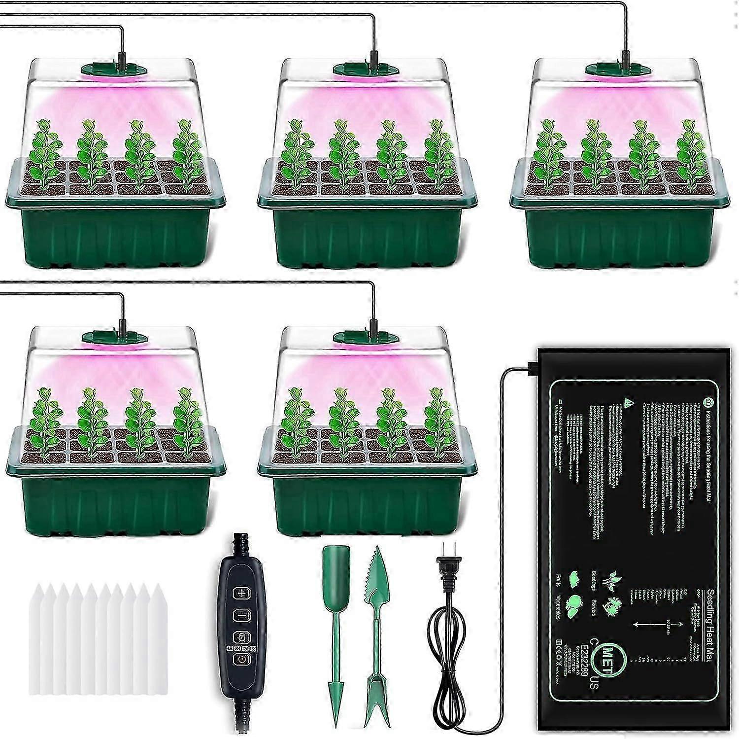Indoor Greenhouse Propagator With Plant Lamp, Heating Mat, Pack Of 5 Mini Greenhouse Propagation Set With Timing Controller, Adjustable Brightness, Th