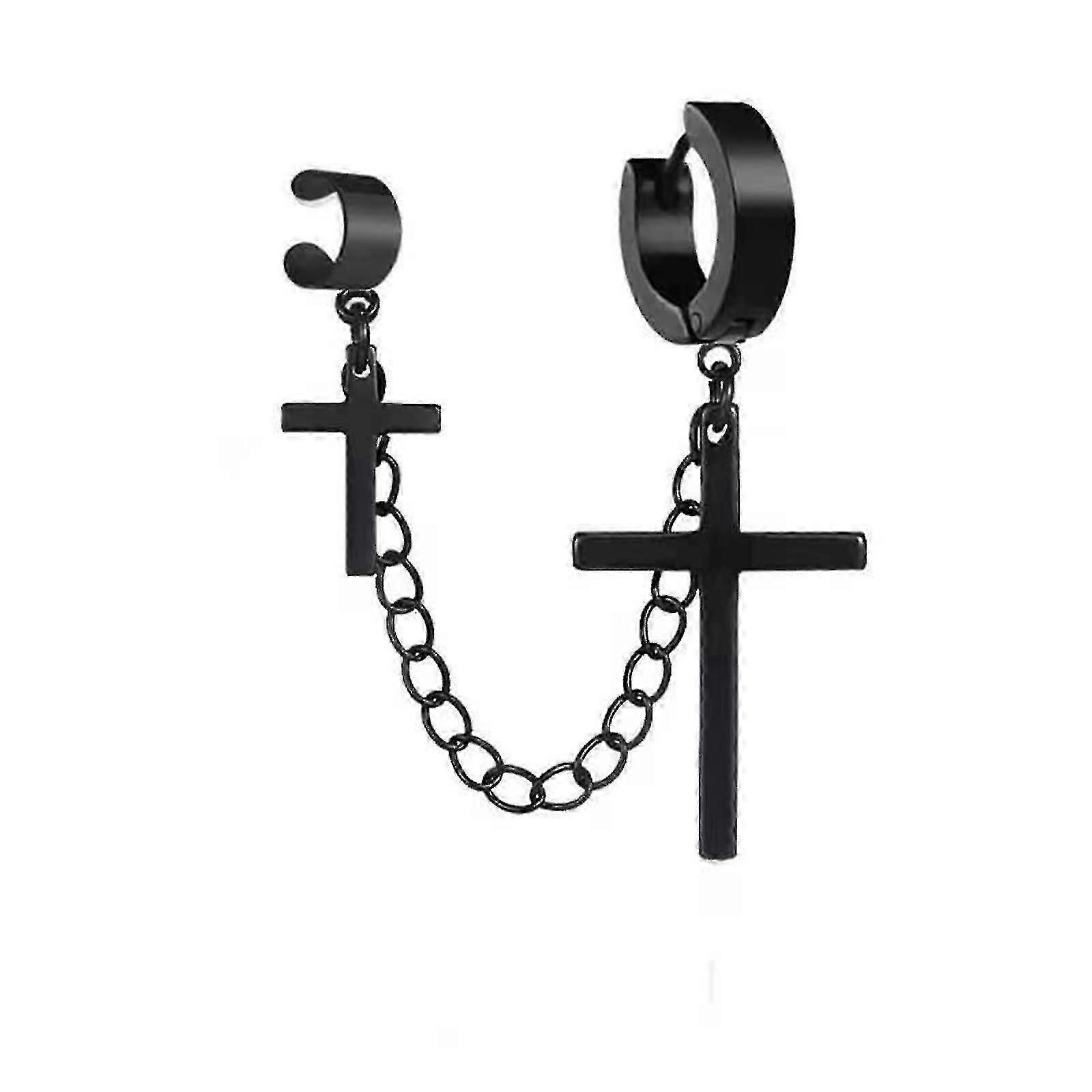 For Cross Tassel Chain Wide Cuff Wrap Clip On Small Hoop Dangle Drop Earrings Punk For Cross Tassel Clip Earrings For Wo - ya