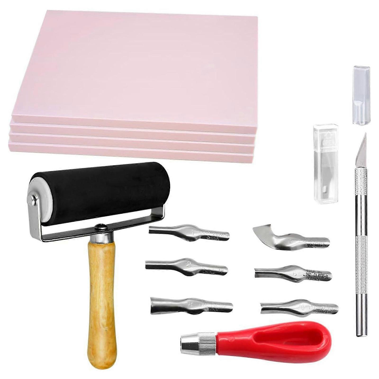 Rubber Stamp Making Kit Linoleum Cutter With 6 Roller Rubber Carving Block Tracings Paper Scroll Wheel DIY Crafting