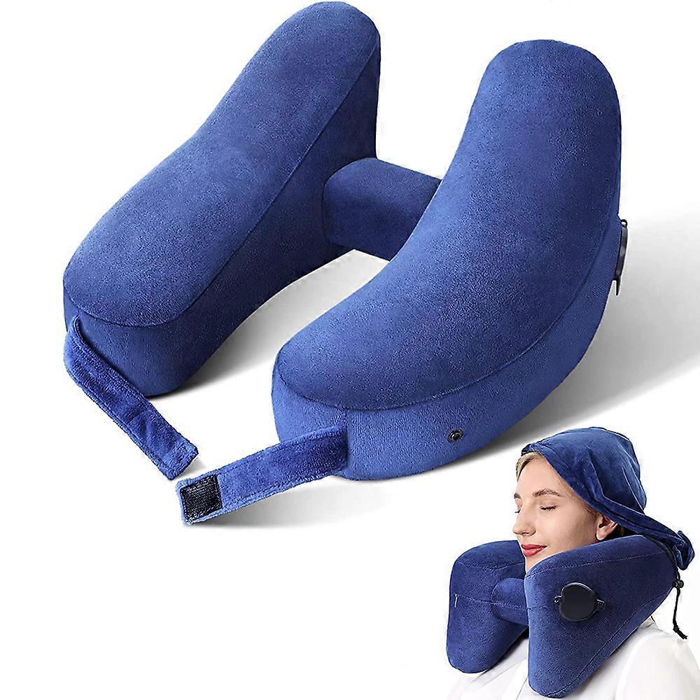 L’oreiller de voyage gonflable soutient confortablement la tête, est livré avec une housse en velours doux, une capuche, un cordon de serrage portable, un masque pour les yeux 3D et des bouchons d’oreille (bleu)