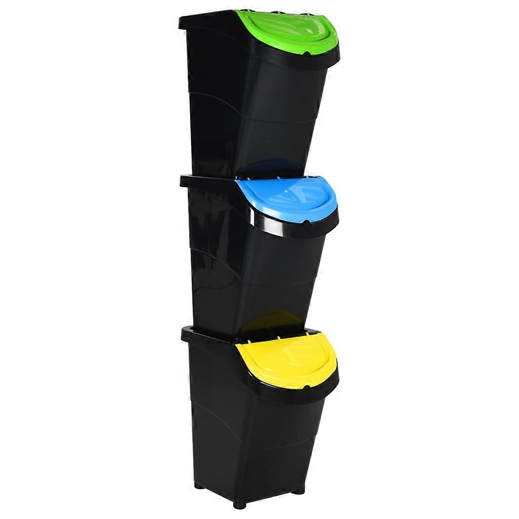 Waste bin with lids 3 pcs. Stackable Black PP 120 L
