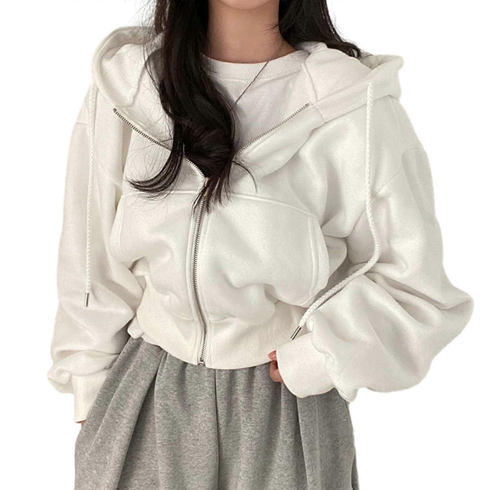 גרסה קוריאנית שרוול ארוך ברדס מעיל טרנדי הלבשה עליונה לנשים עם סגירת רוכסן לבן XL