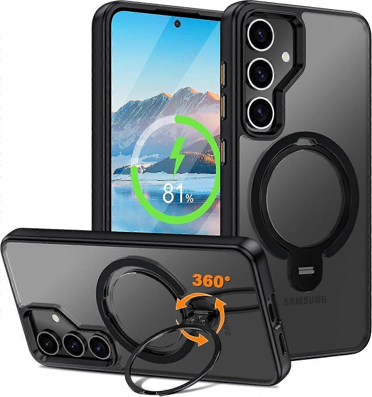 Compatible with Samsung Galaxy S24 Case, 360 Rotatable Ring Holder Kickstand, Compatible with Magsafe, Slim Shockproof Translucent Matte Hard Back Sof