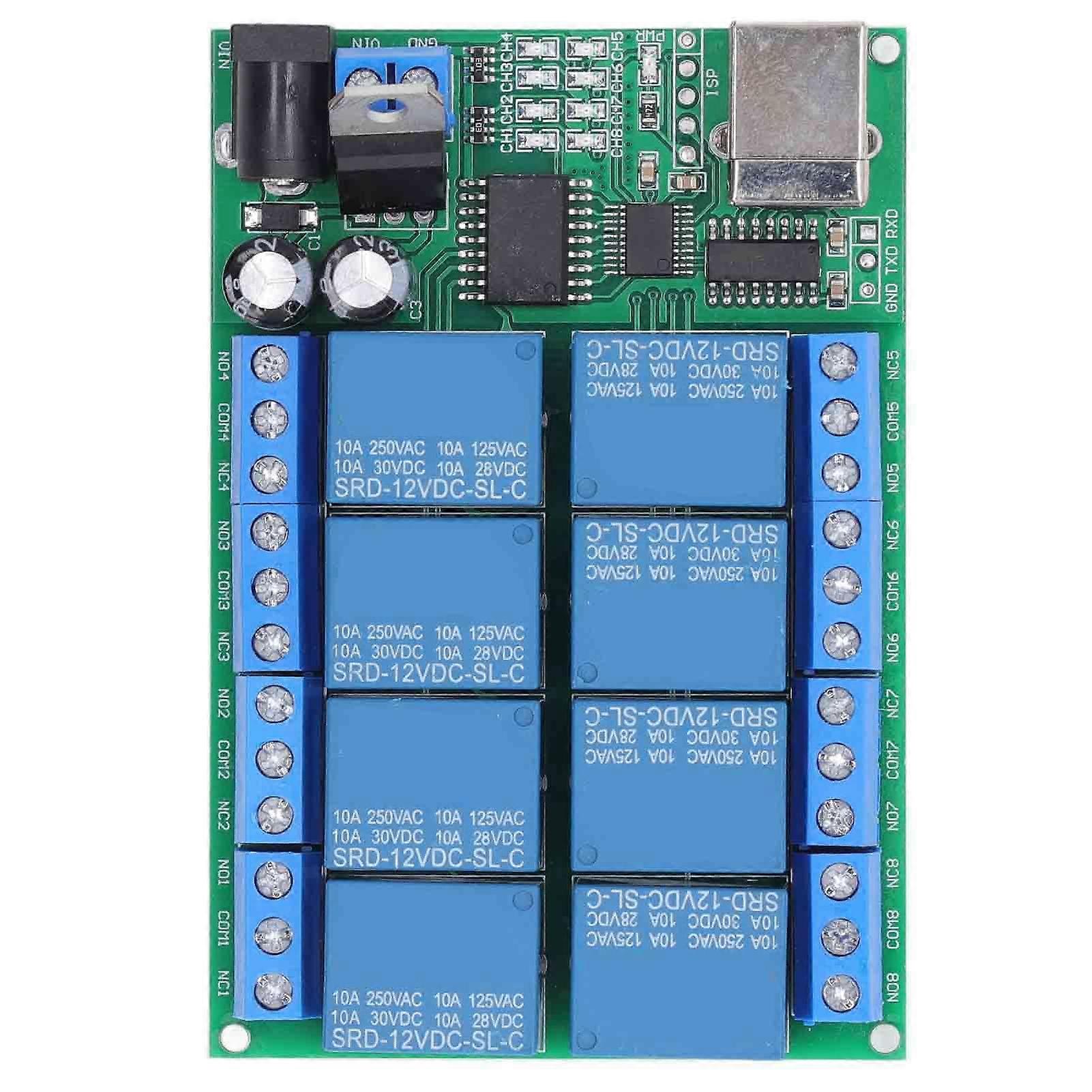 8 Channel Relay Module DC12V UART Serial Port Switch PLC Motor LED Computer Remote Control Multi Function USB Controller