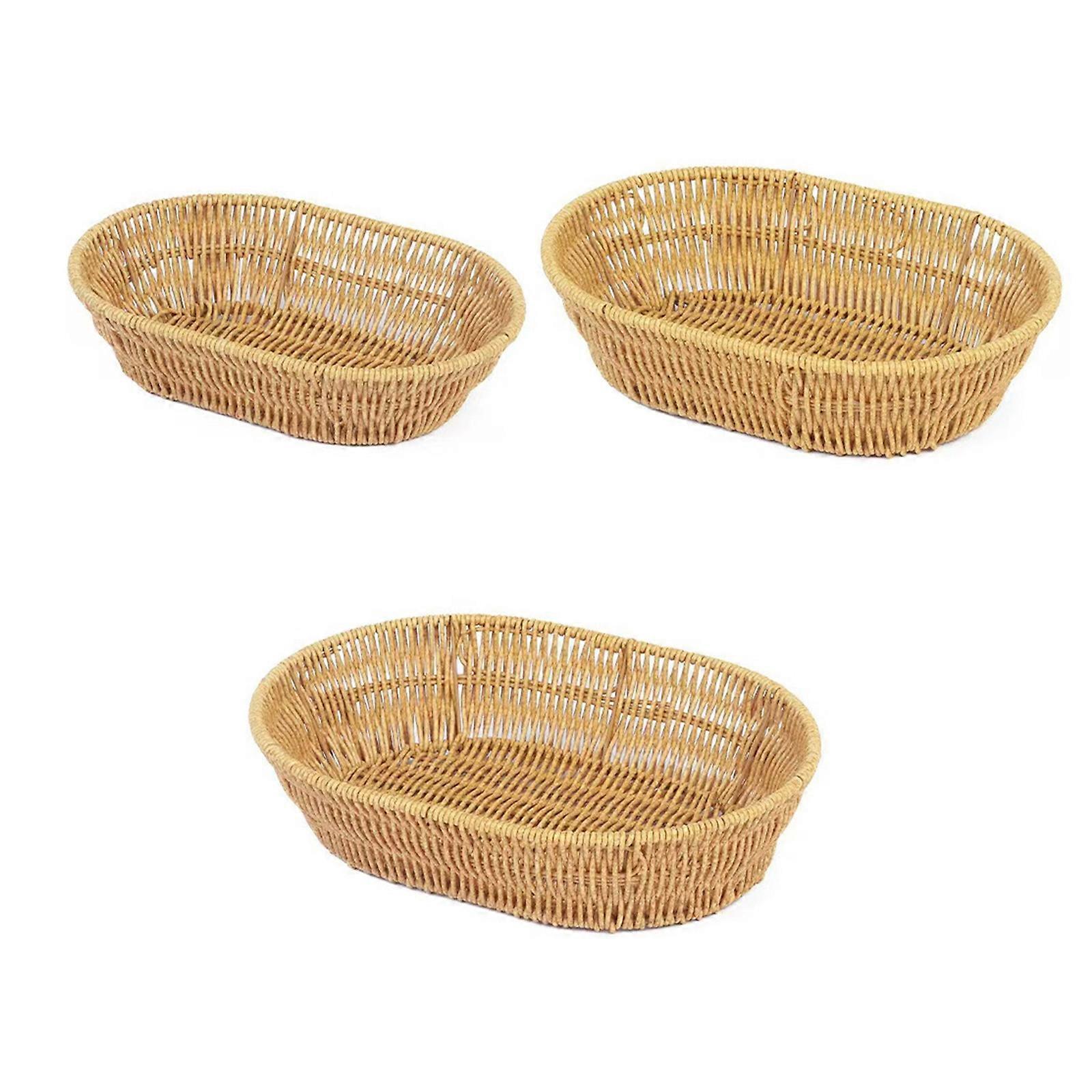 3pcs Oval Shaped Snacks Plate Decorative Imitation Rattan Woven Fruit Basket for Desktop Multipurpose Bread Serving Tray