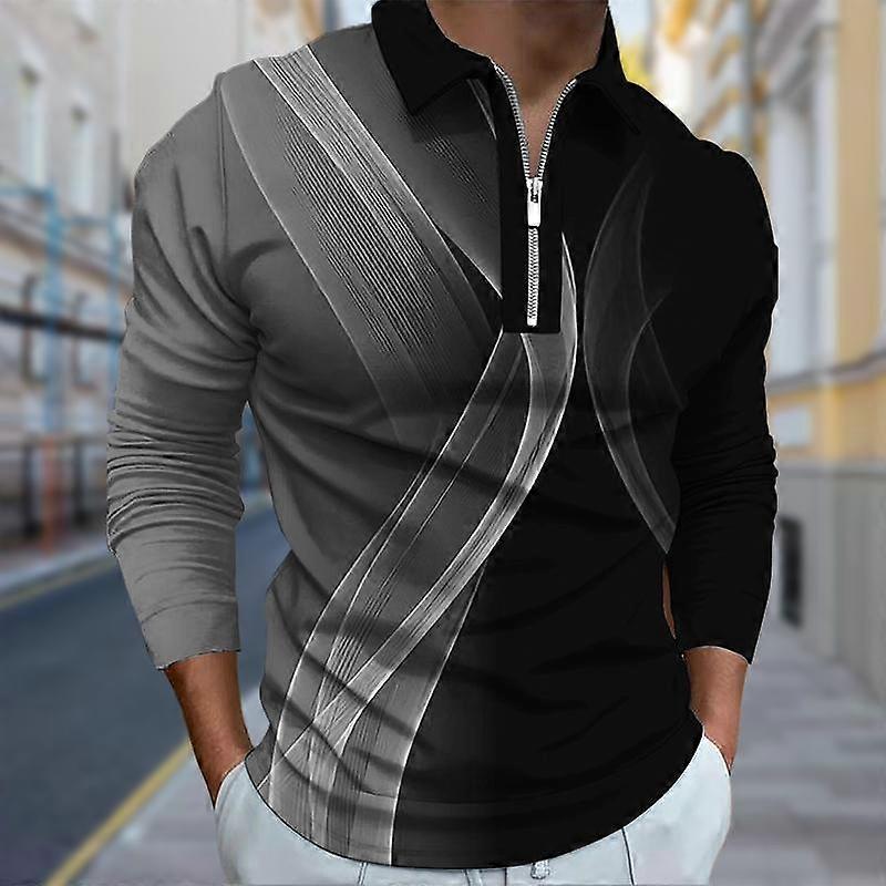 Poloshirts Herren Langarm Twisted Lines Print Neu Herren Poloshirt Langarm Reißverschluss T-Shirt Top