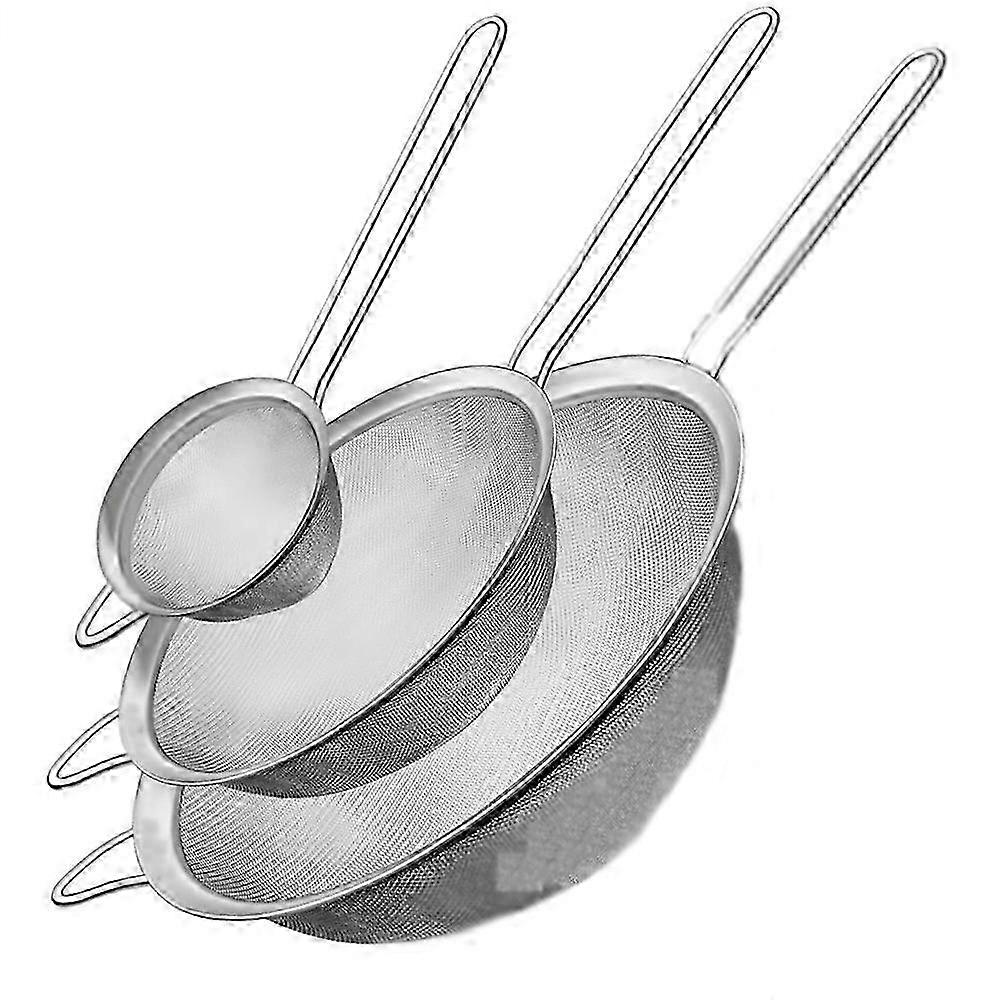 Kitchen sieve set with fine mesh, includes three sizes suitable for various cooking needs (8cm, 12cm, 18cm)