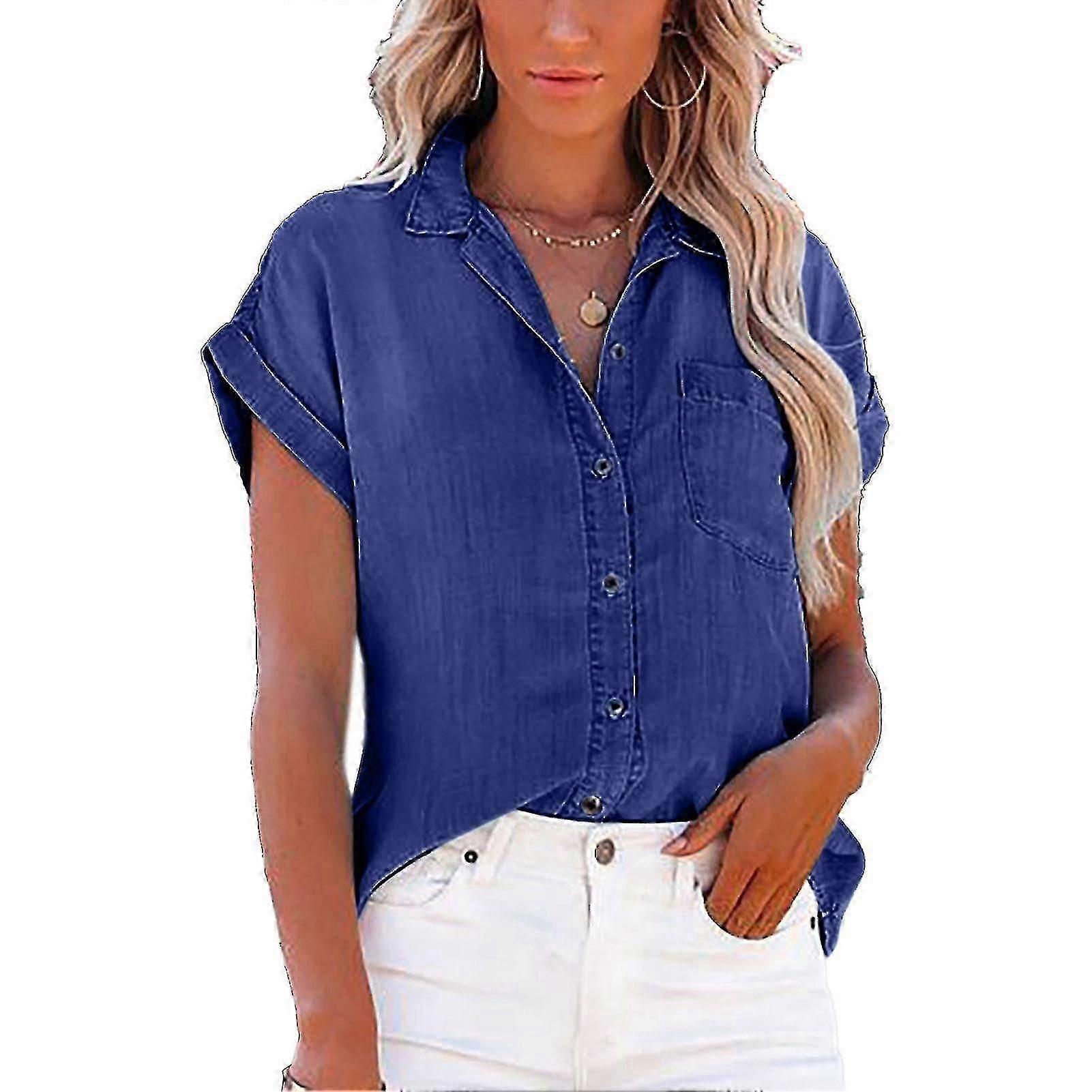 الدنيم بلوزة قصيرة الأكمام تحول إلى أسفل الياقة الأمامية جيب واحد الصدر الدنيم قميص أعلى للنساء