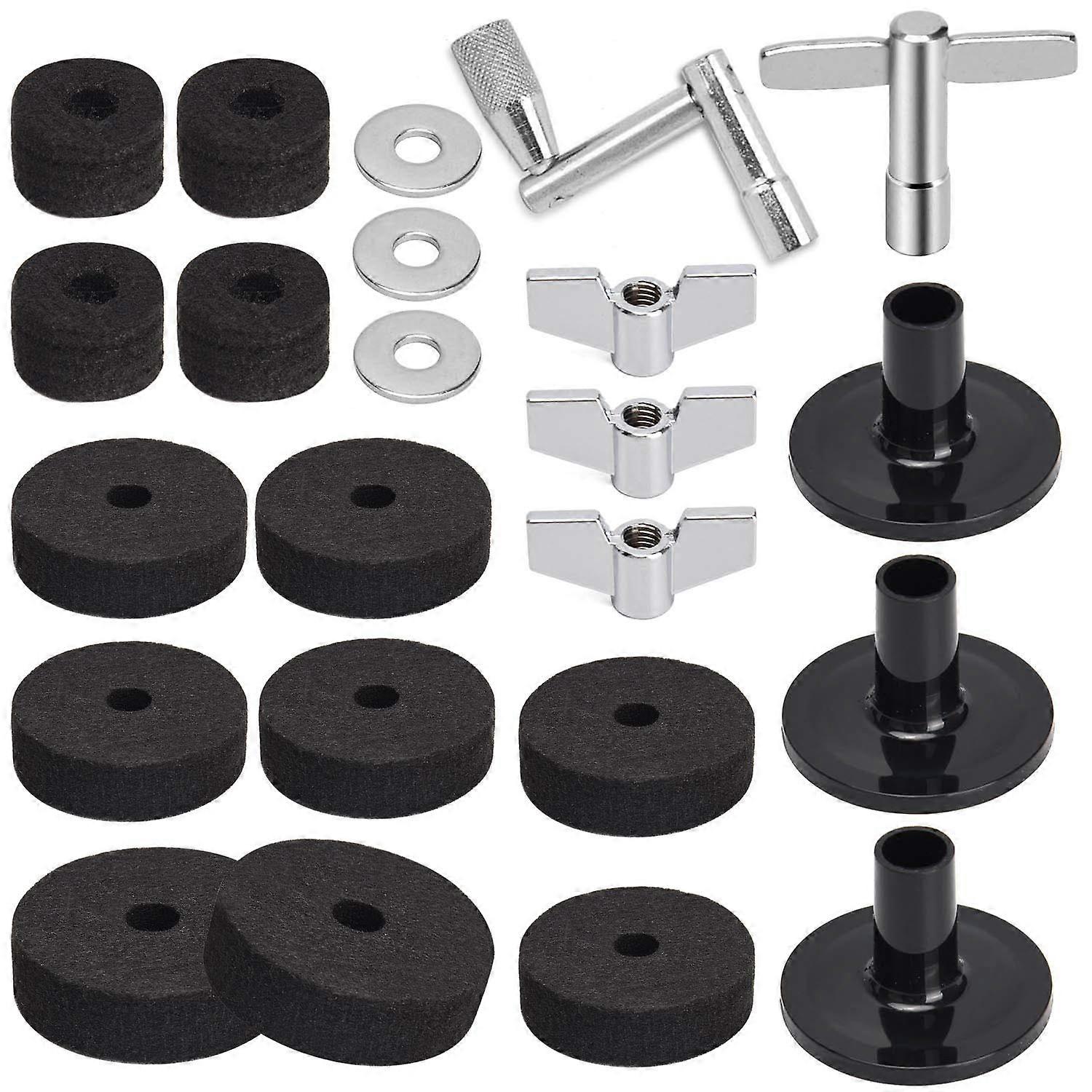 Cymbal Replacement Accessories Set 23 PCS Black - Drum Felt Pads, Wing Nuts, Washers, Cymbal Sleeves, Drum Key