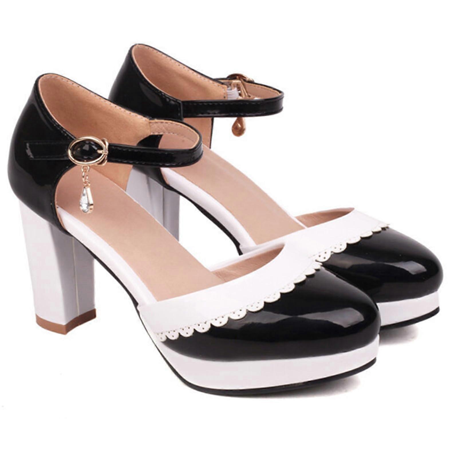 9 cm Women's Closed Round Toe Colour Block Sandals with Ankle Strap Buckle Thick Heel in Black Size 39 EU