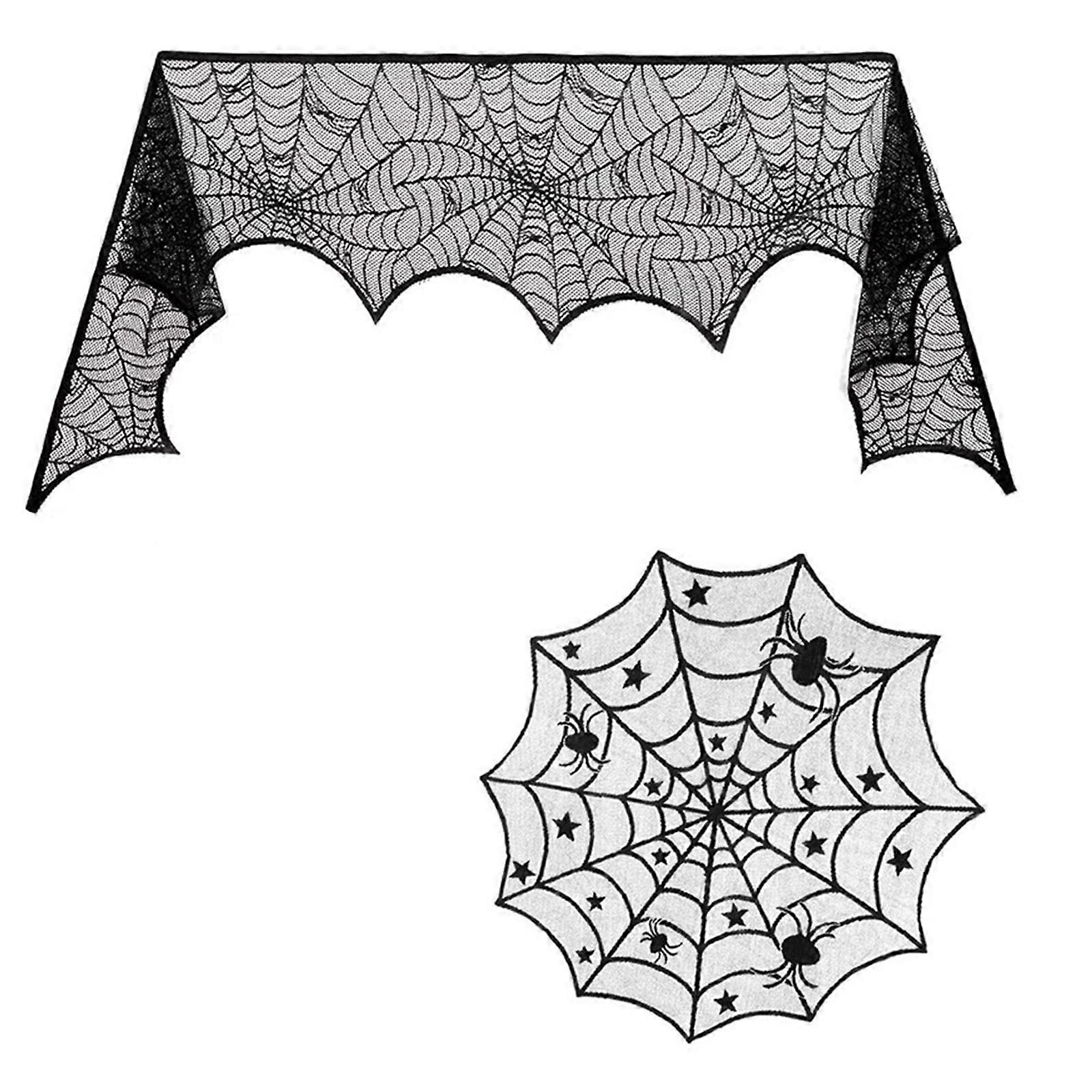 Holiday Lace Table Decoration with Spiderweb Table Cloth Reusable Black Tablecloth Table Runner Mantel Scarf Cover  B style 2piece set