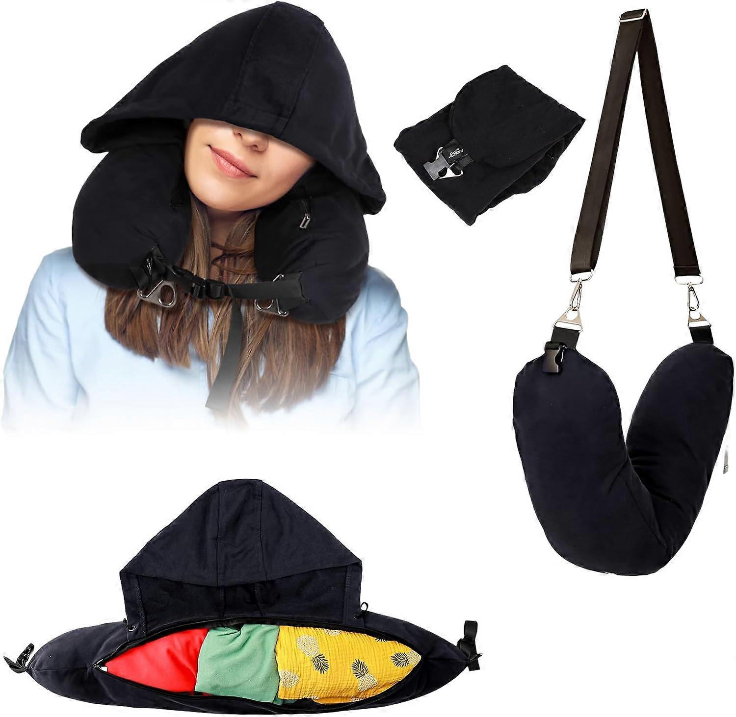 Convertible Hooded Travel Pillow & Storage Bag - Dual-Use Design for Airplane Comfort & Extra Packing Space, Black