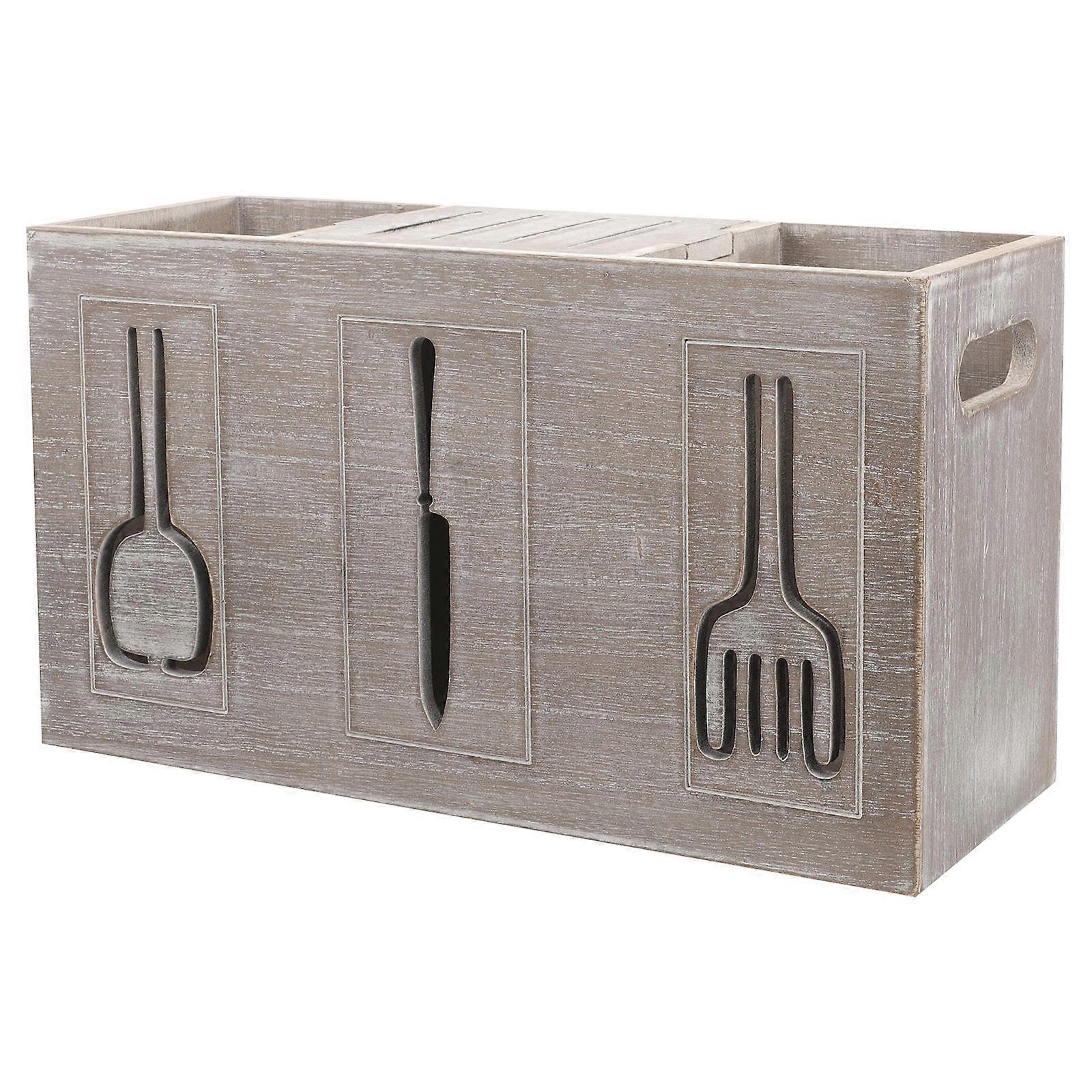 Light Grey Wooden Cutlery Organizer Box for Home Use Vintage Design Compartment Storage 12.5 x 6.5 x 4.5 Inches