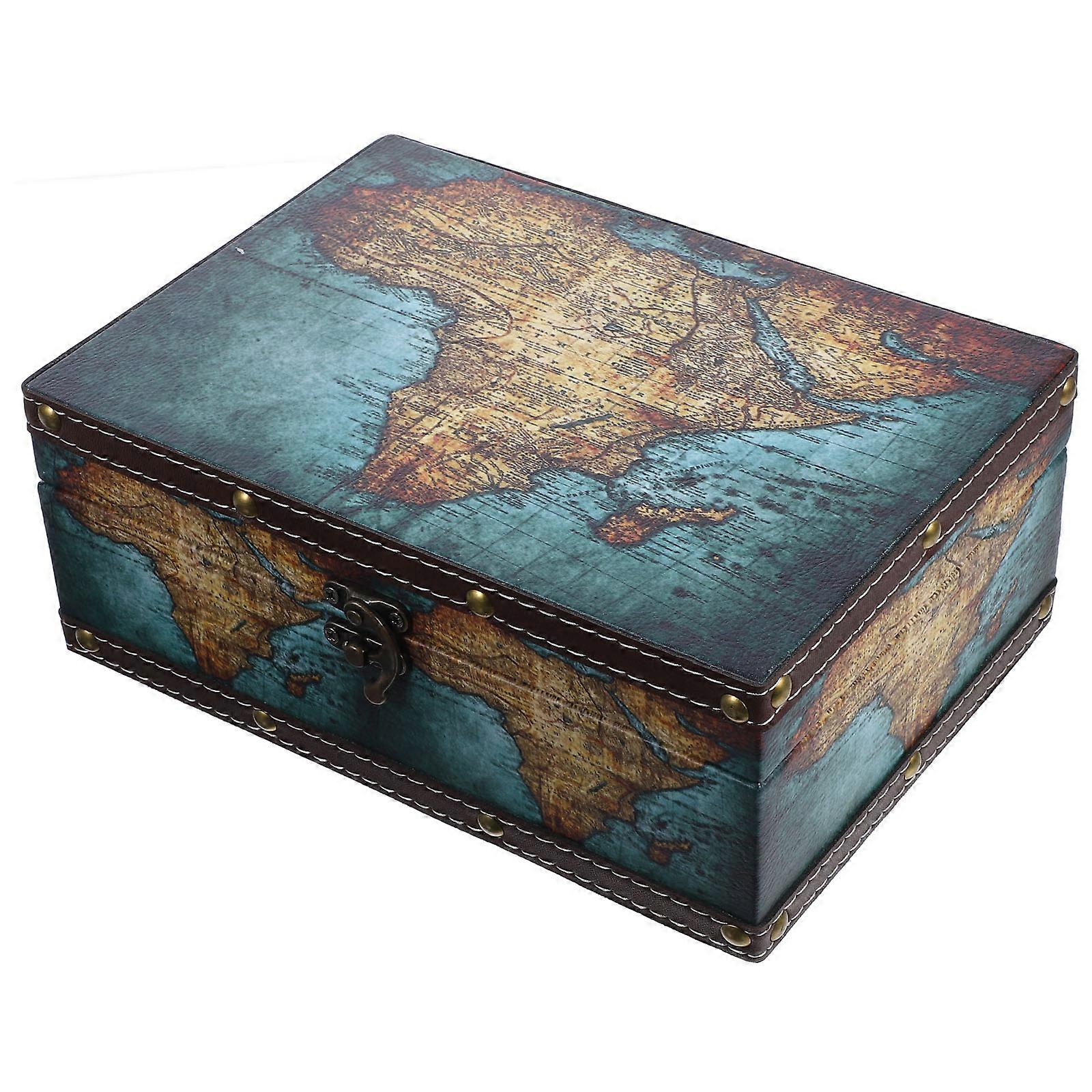 Decorative Treasure Chest Vintage Map Pattern Miscellaneous Item Storage for Homeowners Blue Design 1Set
