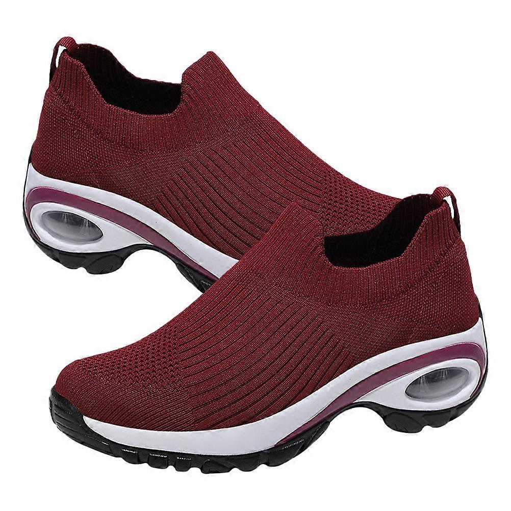 Slip Resistant Sole Sneakers For Outdoor Enthusiasts 1 Pair Mesh Casual Shoes Low Top Dark Red Elastic 2Set