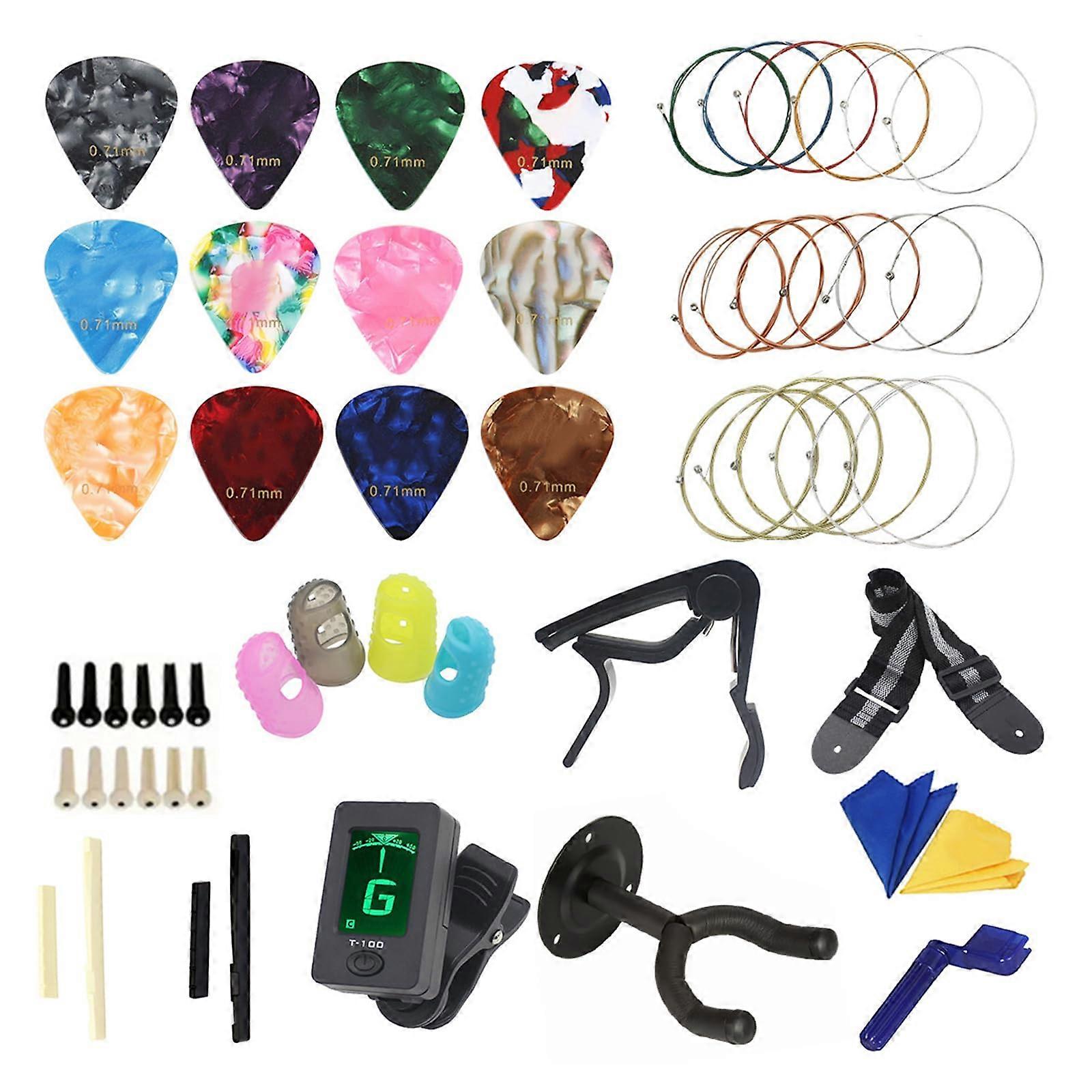 Guitar Accessories Set Including Guitar Strings, Capo, Finger Picks, String Winder, Bridge Pins, Pin Puller, Finger Protector
