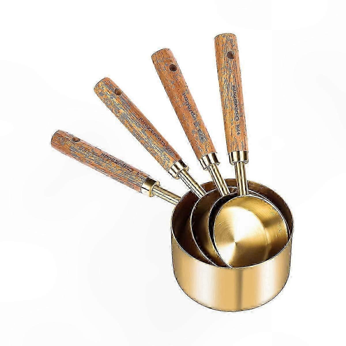 Stainless Steel Measuring Cups and Spoons Set with Wood Handles, Metric and US Measurements for Cooking and Baking Needs