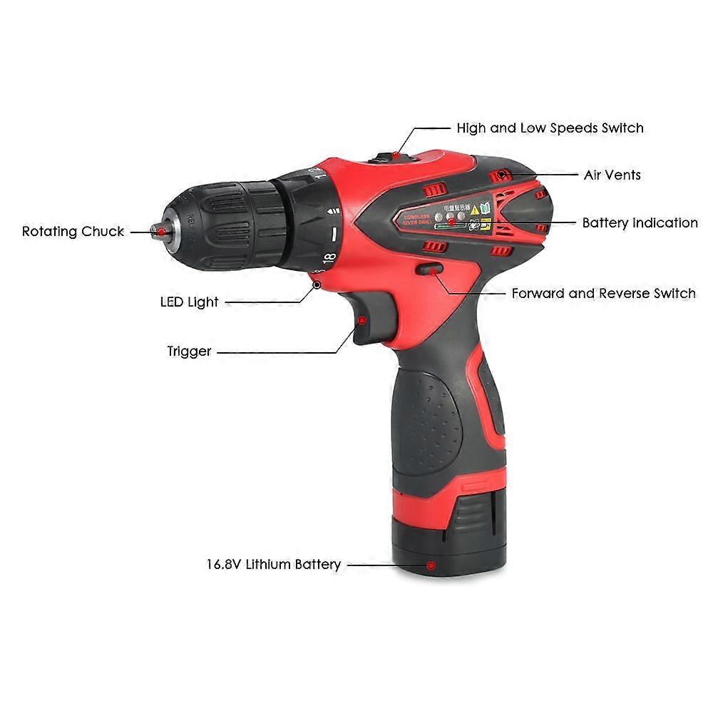 16.8V Lithium-Ion Two-speed Multi-functional Electric Cordless Drill Rechargeable Screwdriver with LED Light