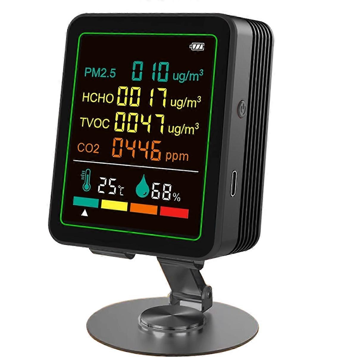 6in1 Digitale Luchtkwaliteit Monitor Detector Formaldehyde TVOC PM2.5 /CO2 Meter Temperatuur Vochtigheid Tester Zwart