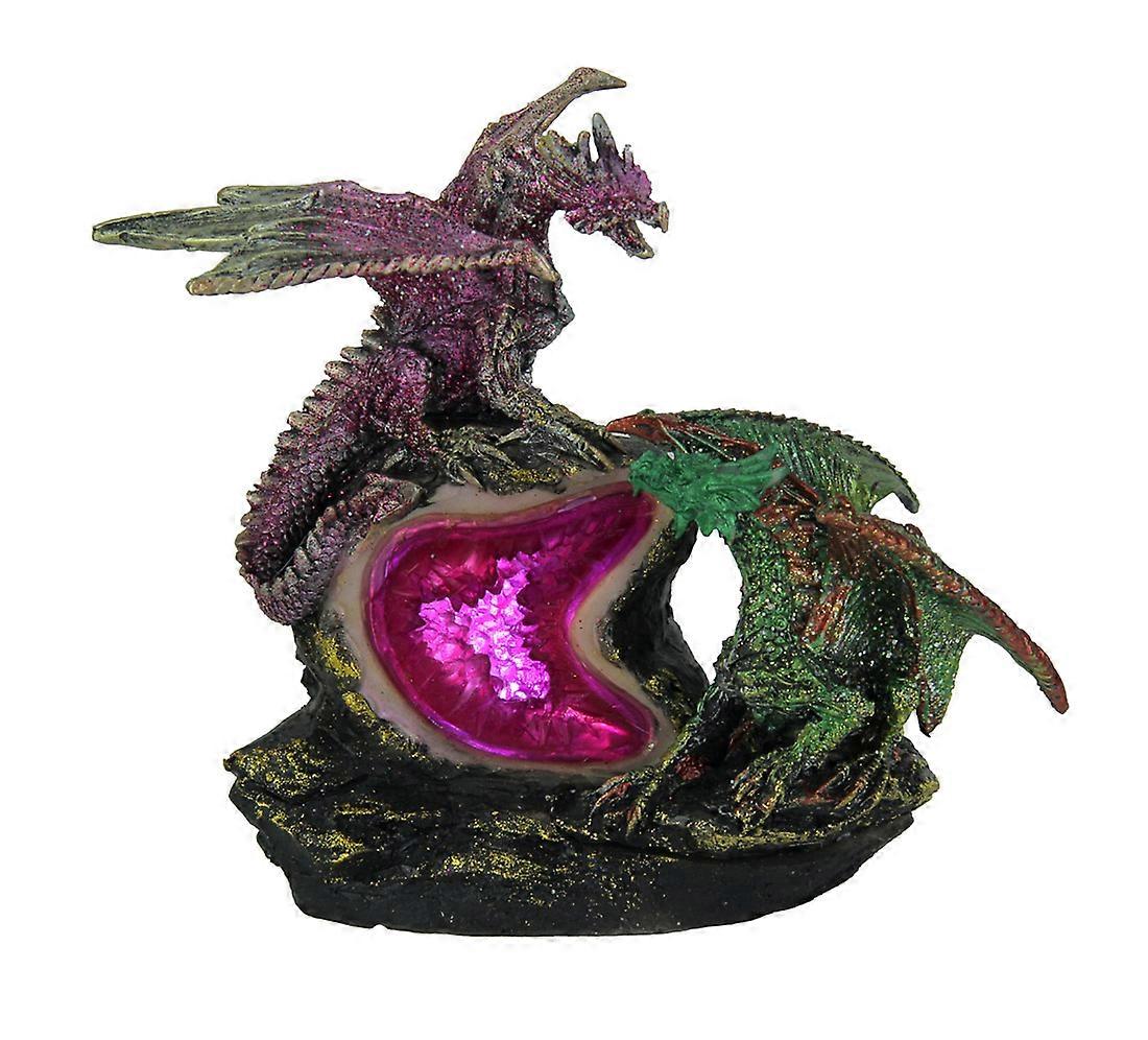 Purple and Green Battle Dragons Gothic Color Changing LED Geode Statue