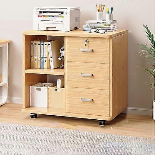 Solid Wood Mobile File Cabinet With Lock, Printer Stand, 60x34x59cm, Wood Color, Home Office Organization