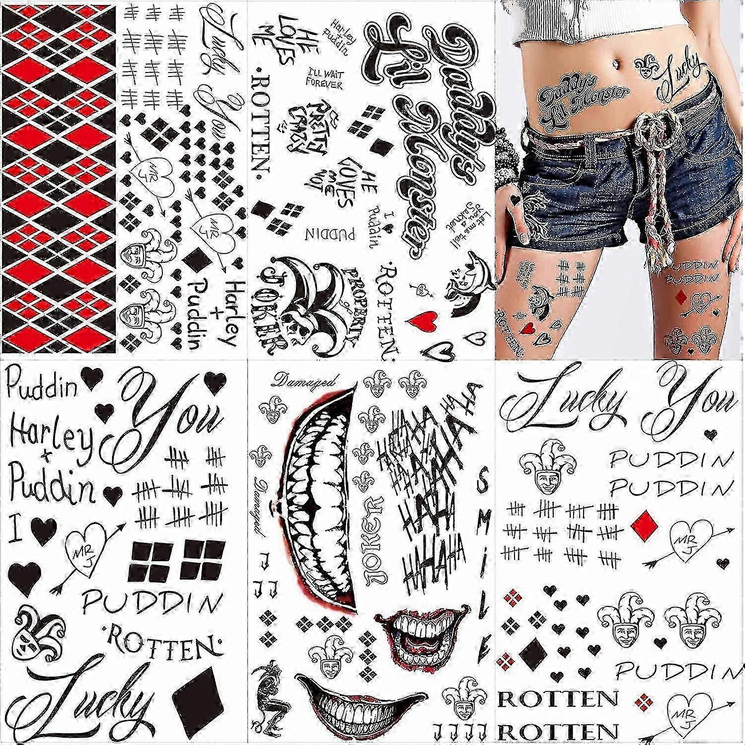 Large-size Tattoos For Suicide Squad Joker Harley Quinn, 5 Sheets Temporary Tattoos Stickers For Harley Quinn Joker Perfect
