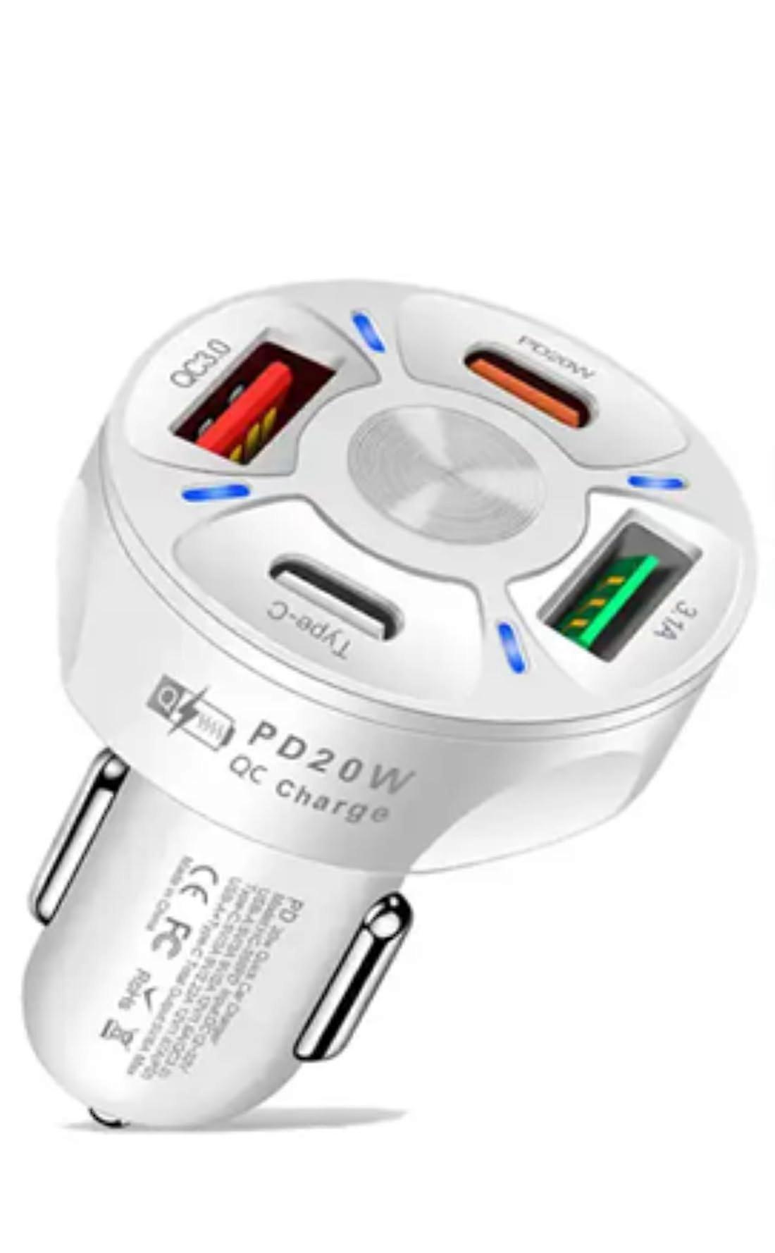 Multipurpose 4 Port USB Fast Charging Cigarette Light Car Charger 2USB/PD20W/QC3.0 LED Display for Android/iOS Galaxy Pixel