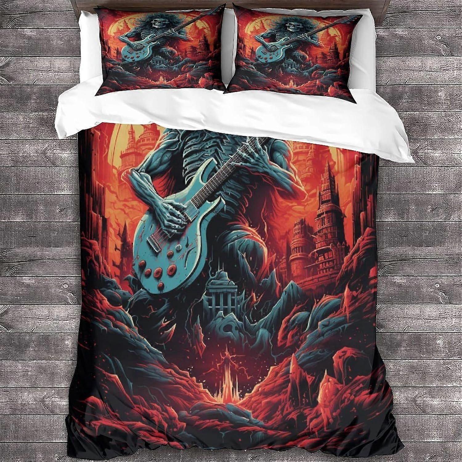 روك أند رول غطاء لحاف مزدوج المعادن الثقيلة الغيتار نمط مجموعة الفراش لينة خفيفة الوزن ستوكات الجمجمة غطاء لحاف مع سحاب إغلاق الملك