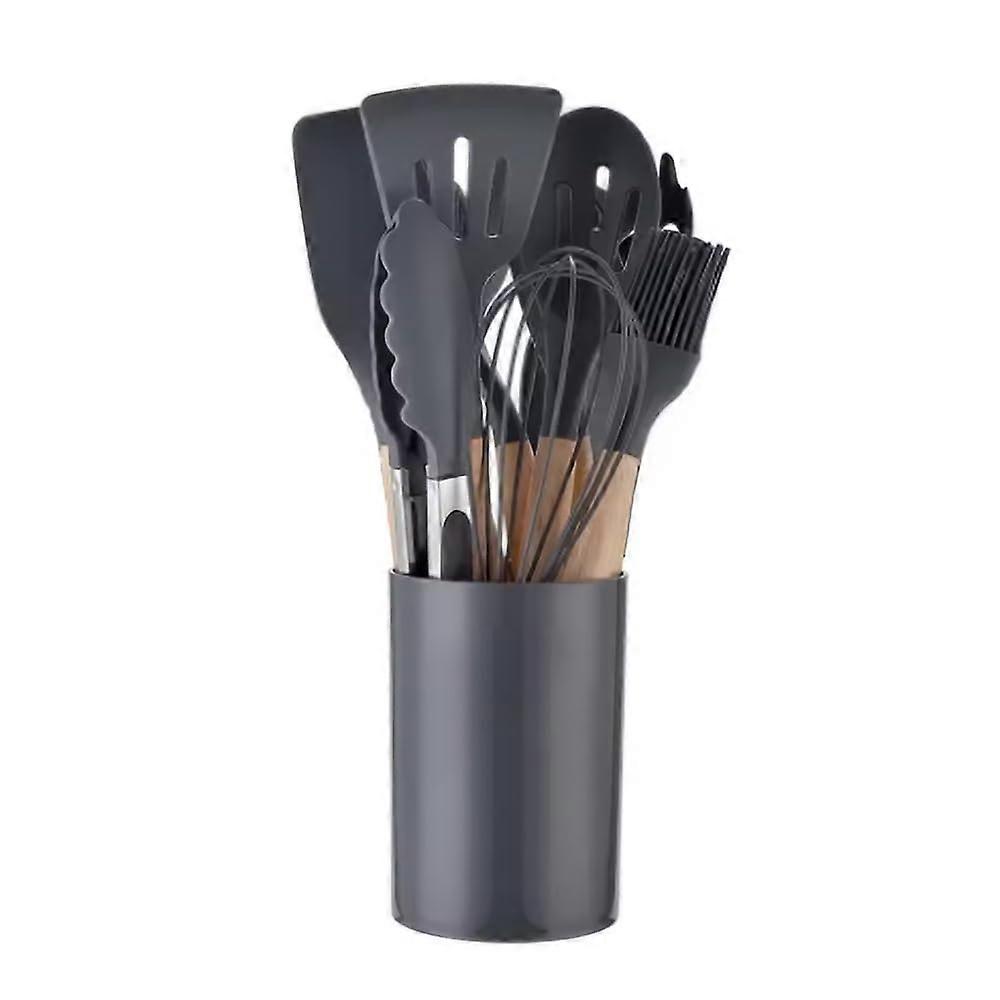 Silicone Cooking Utensils Set 12pcs Heat Resistant BPA  with Wooden Handle for Nonstick Cookware Black