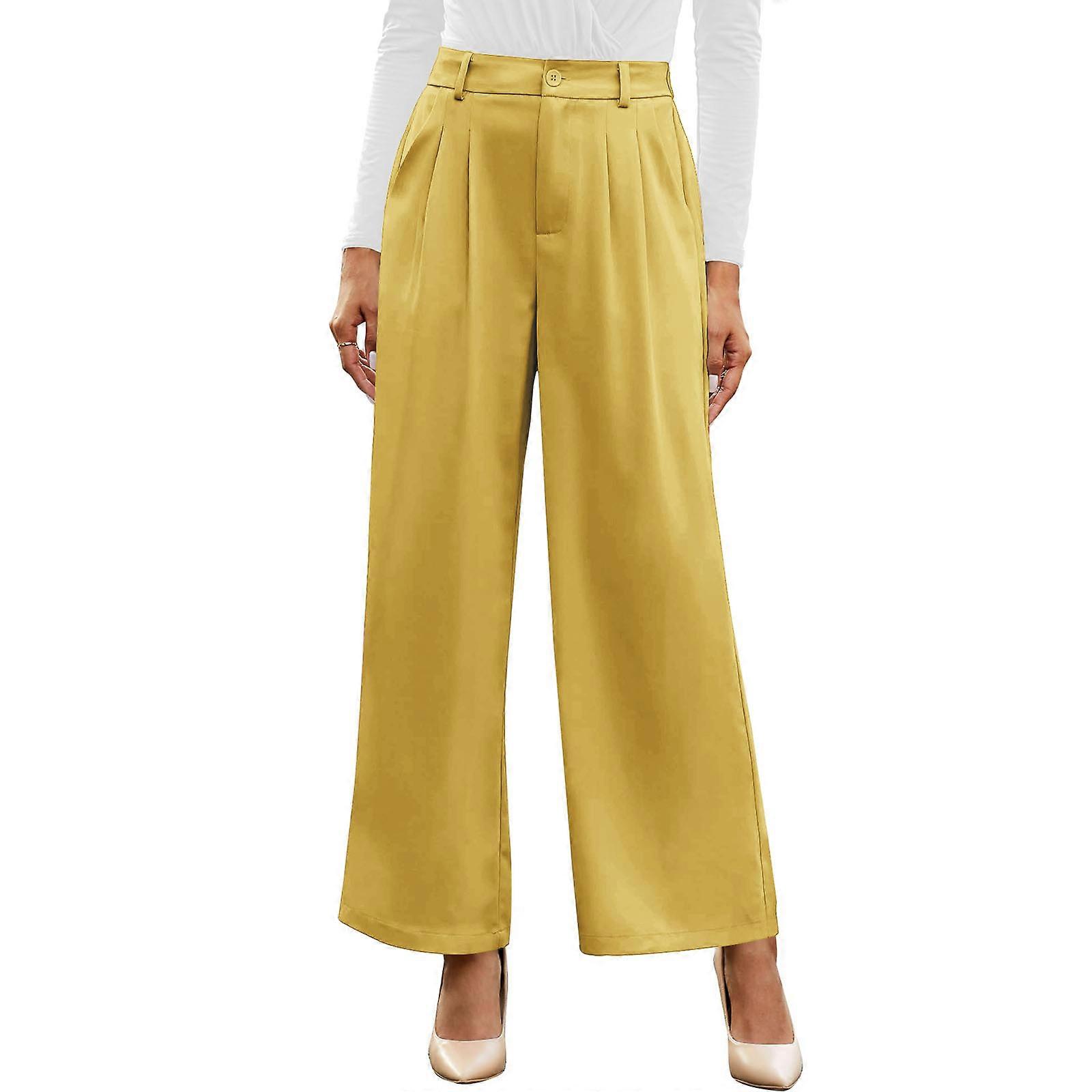 Womens Pants Wide Leg Solid Color Business Pants With Pockets Button Front Casual Trousers  Yellow XL