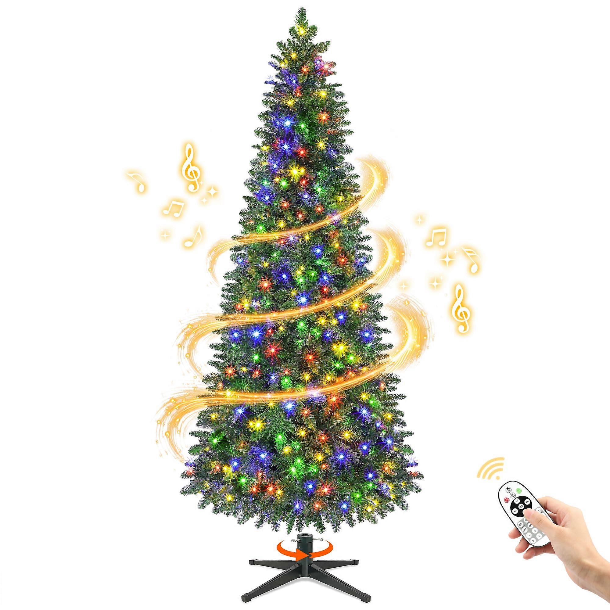 7.5 FT PreLit Artificial Pencil Christmas Tree with 360° Rotating Musical Base, Remote, 8 Modes, 1142 Tips